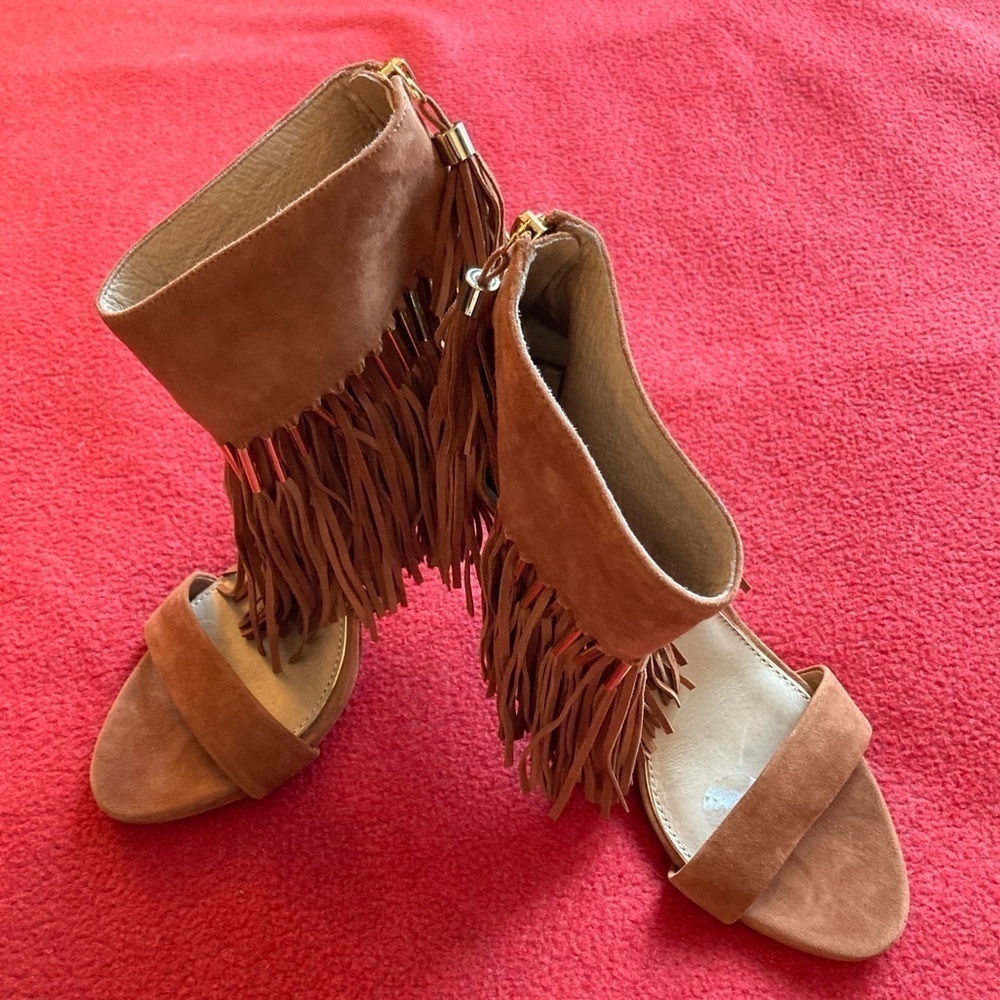 RACHEL ZOE Sz 9 Suede Bootie Sandals w/ Fringe Golden Accents Zipper Tassels